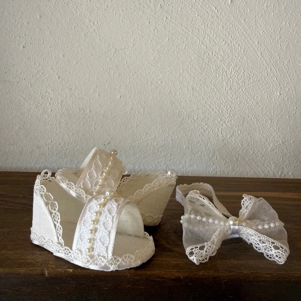 Baby Christening Baptism Shoes Headband Set White Lace Pearl Newborn Doll